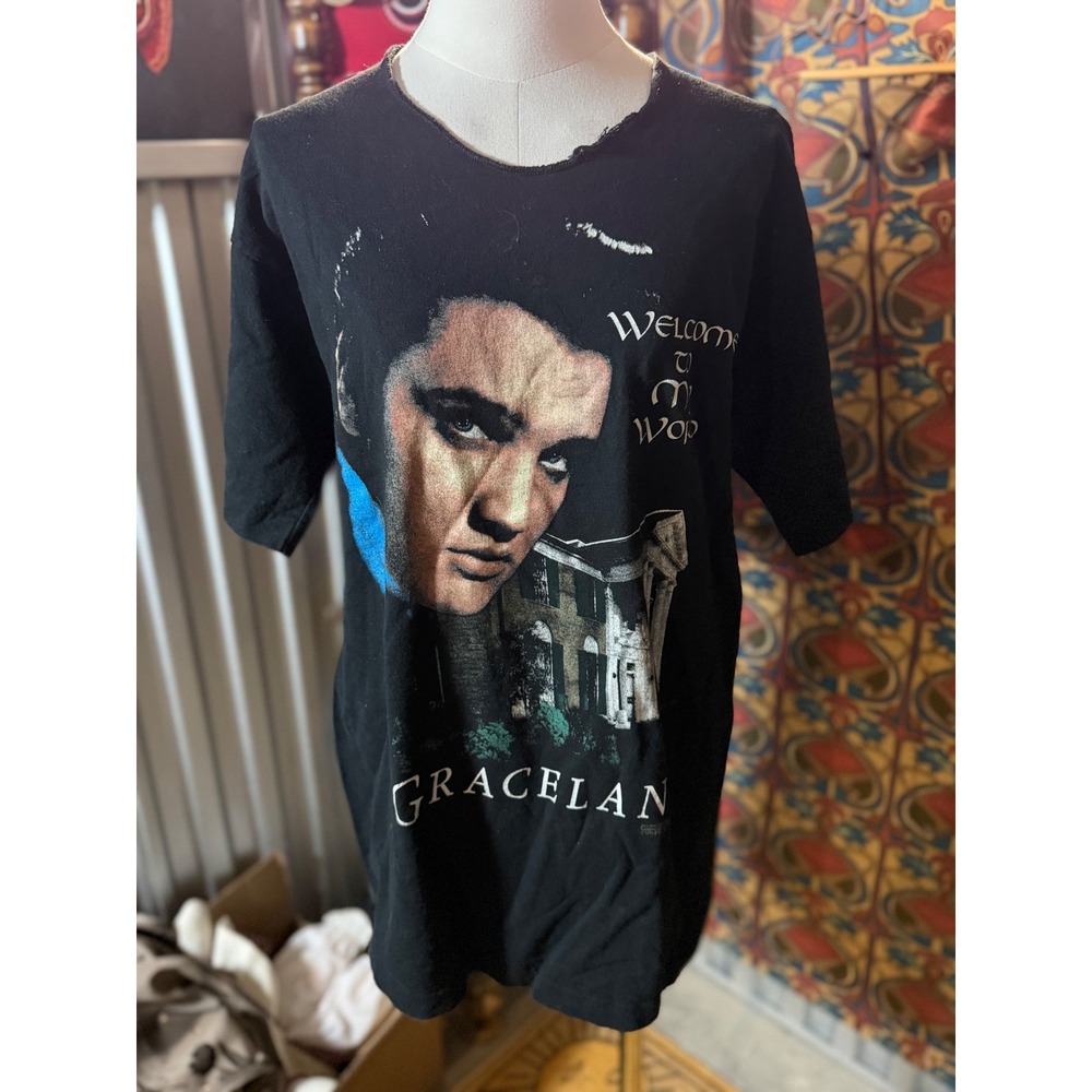 Vintage 1995 Elvis Presley Graceland T-Shirt‎ Black Single Stitch 90s Rock Tee